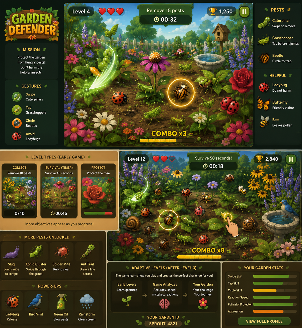 Garden Defender game concept with colorful flowers and garden insects